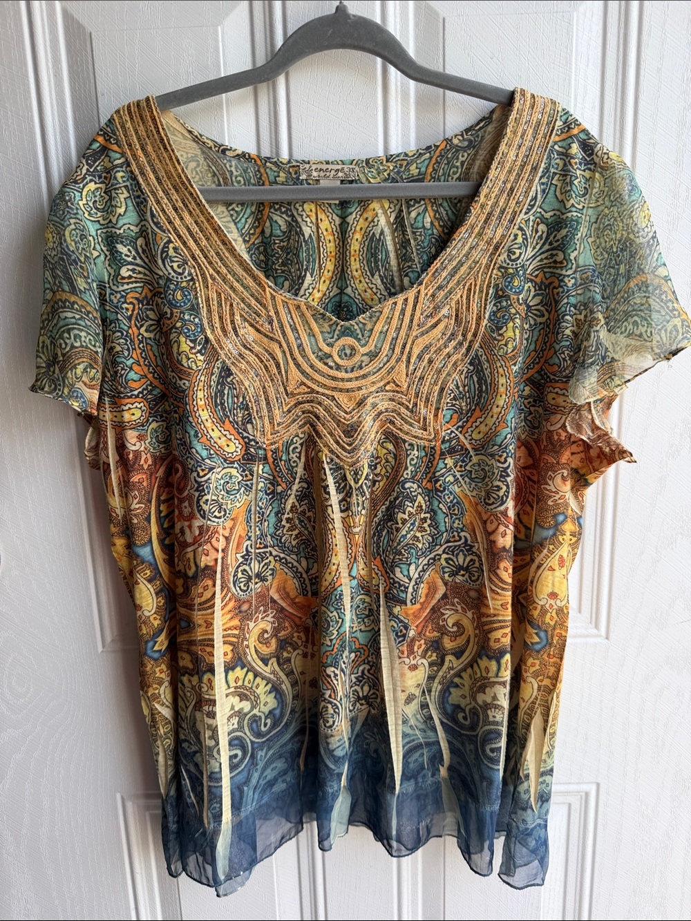 Energe Plus Size Paisley Western Boho Chic Embroidered Blouse 3X